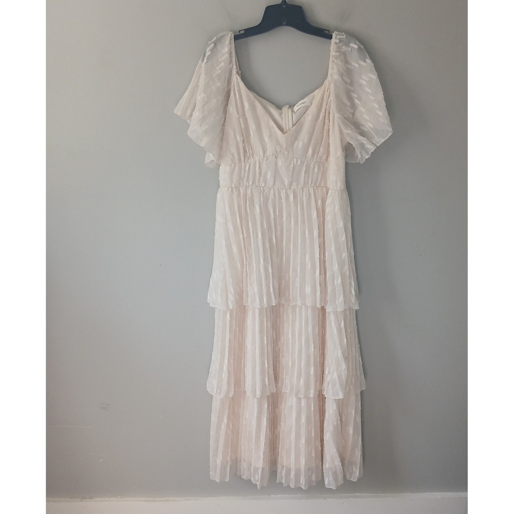 Bohme Women's Size XL Hallie Midi‎ Dress Cream Boho CottageCore Tiered Pleated